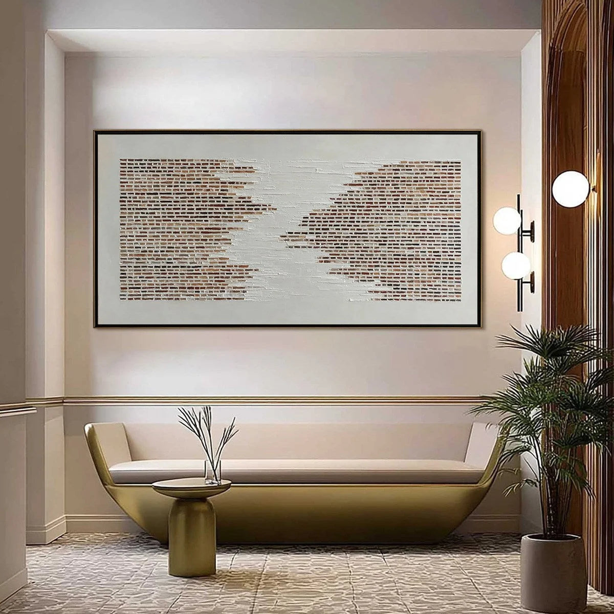 FRAGMENTS: Textured Minimalist Painting of Deconstructed Architecture | gold frame stretched on neutral wall