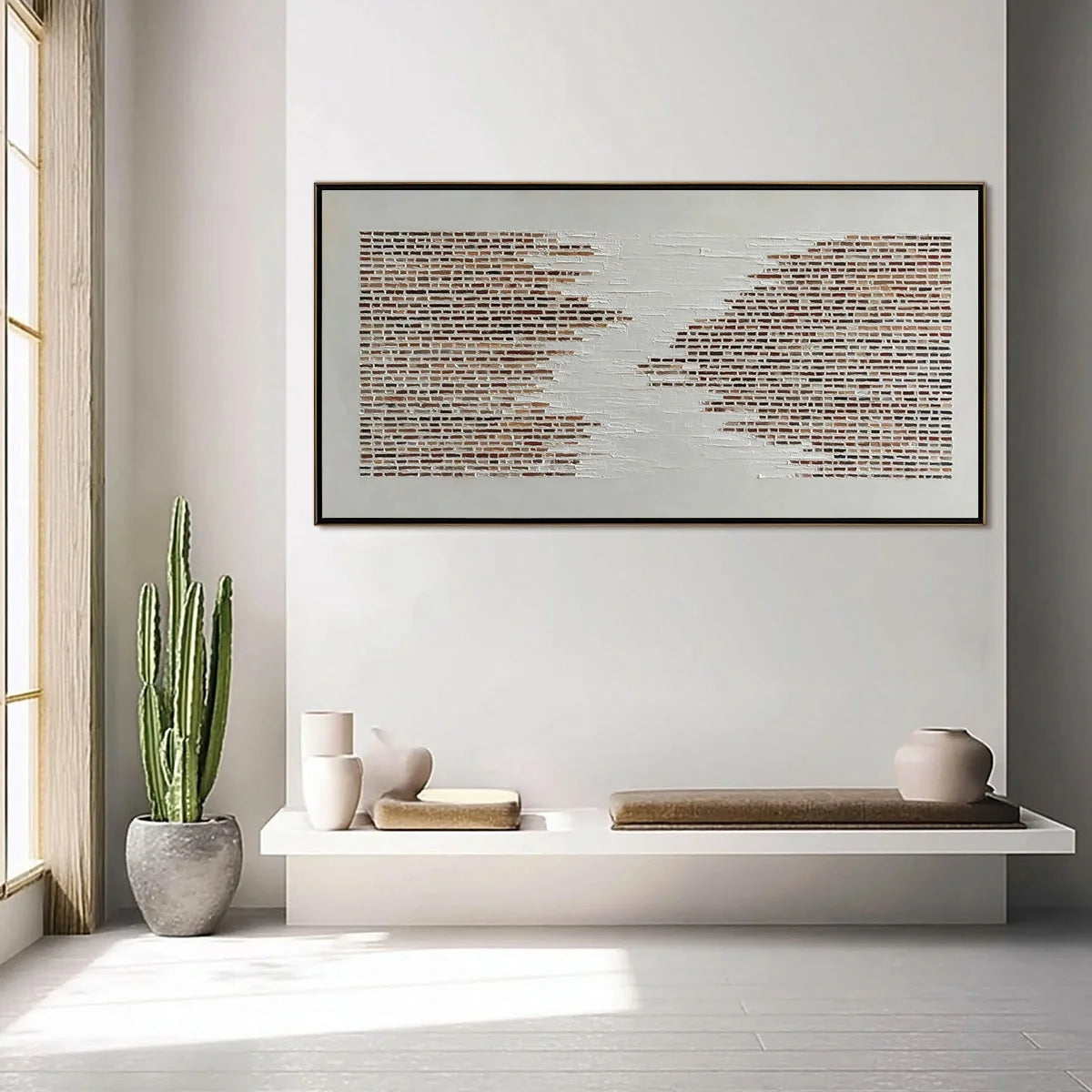 FRAGMENTS: Textured Minimalist Painting of Deconstructed Architecture | black frame version on white wall
