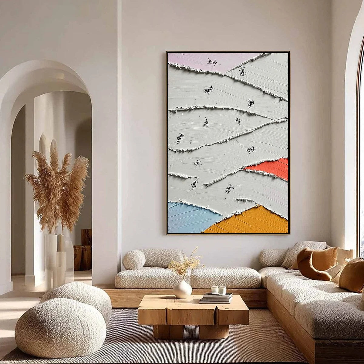 FRAGMENTS: Textured Wabi-Sabi Abstract Impasto Painting | gold frame stretched on neutral wall