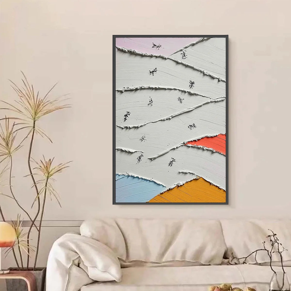 FRAGMENTS: Textured Wabi-Sabi Abstract Impasto Painting | black frame version on white wall
