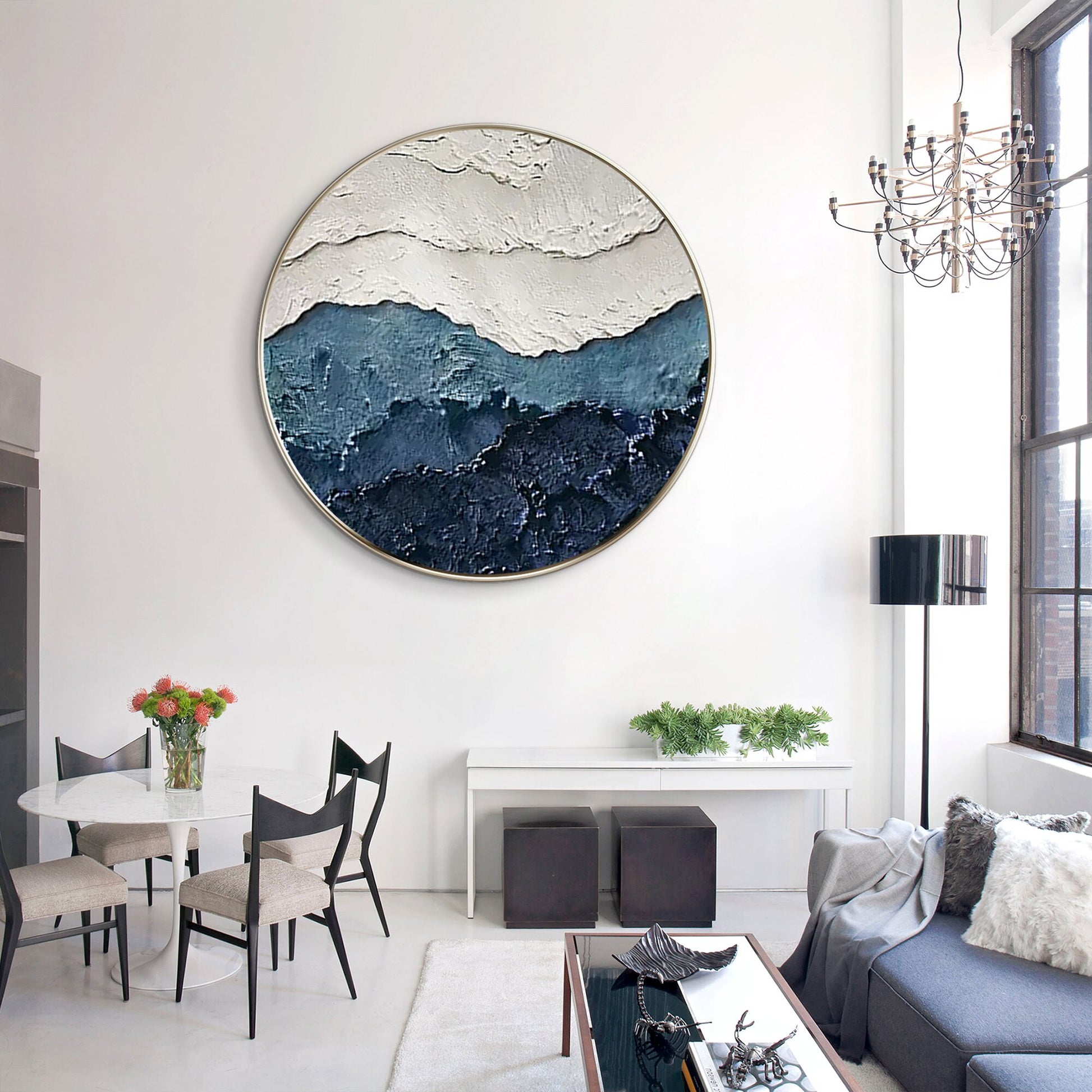 Framed 3D Texture Round Wall Art: White & Blue Minimalist Painting #2