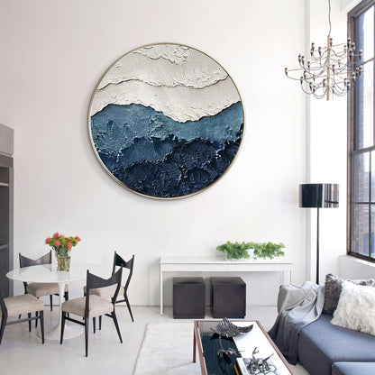 Framed 3D Texture Round Wall Art: White & Blue Minimalist Painting #2