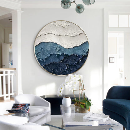 Framed 3D Texture Round Wall Art: White & Blue Minimalist Painting #3