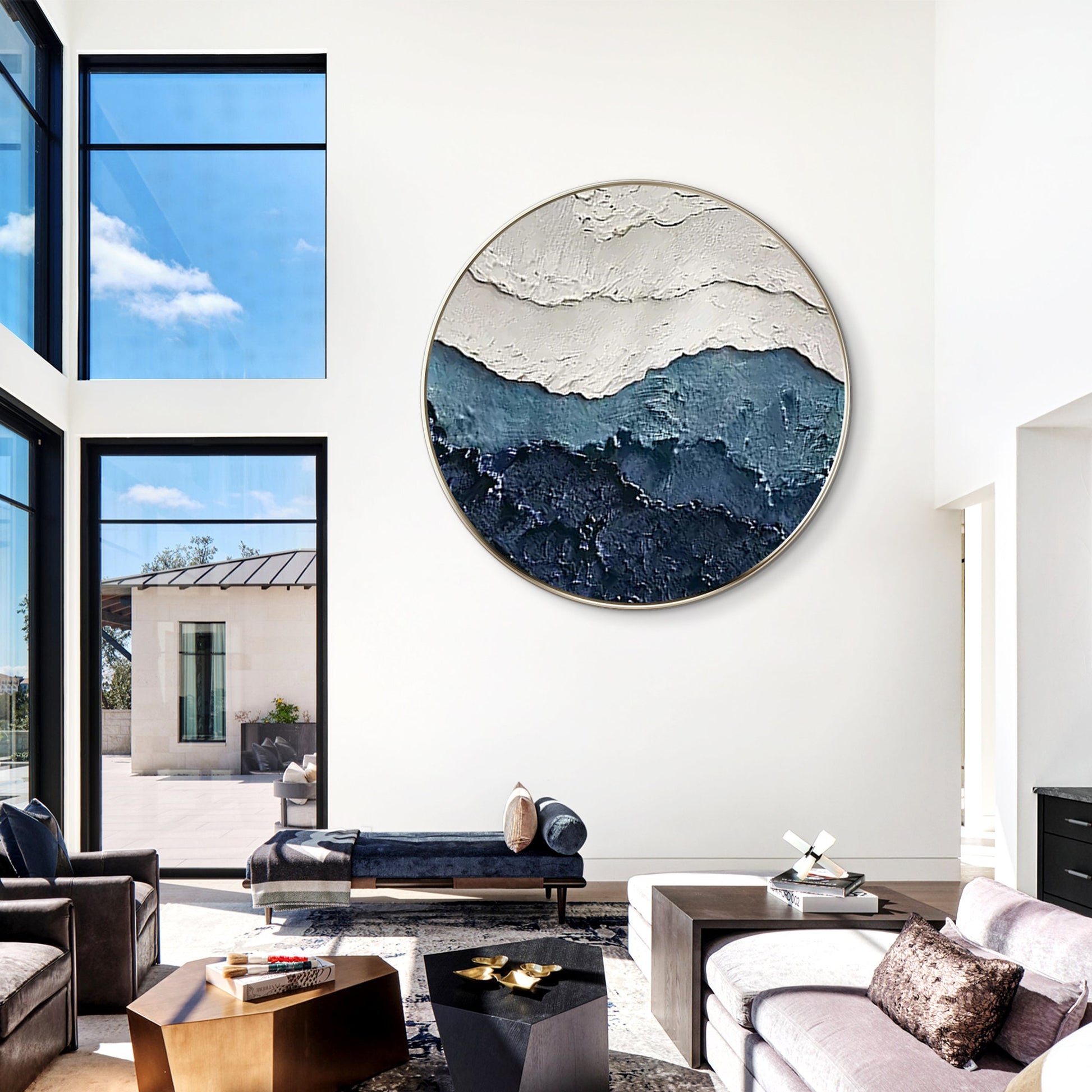 Framed 3D Texture Round Wall Art: White & Blue Minimalist Painting #4