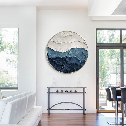 Framed 3D Texture Round Wall Art: White & Blue Minimalist Painting #5