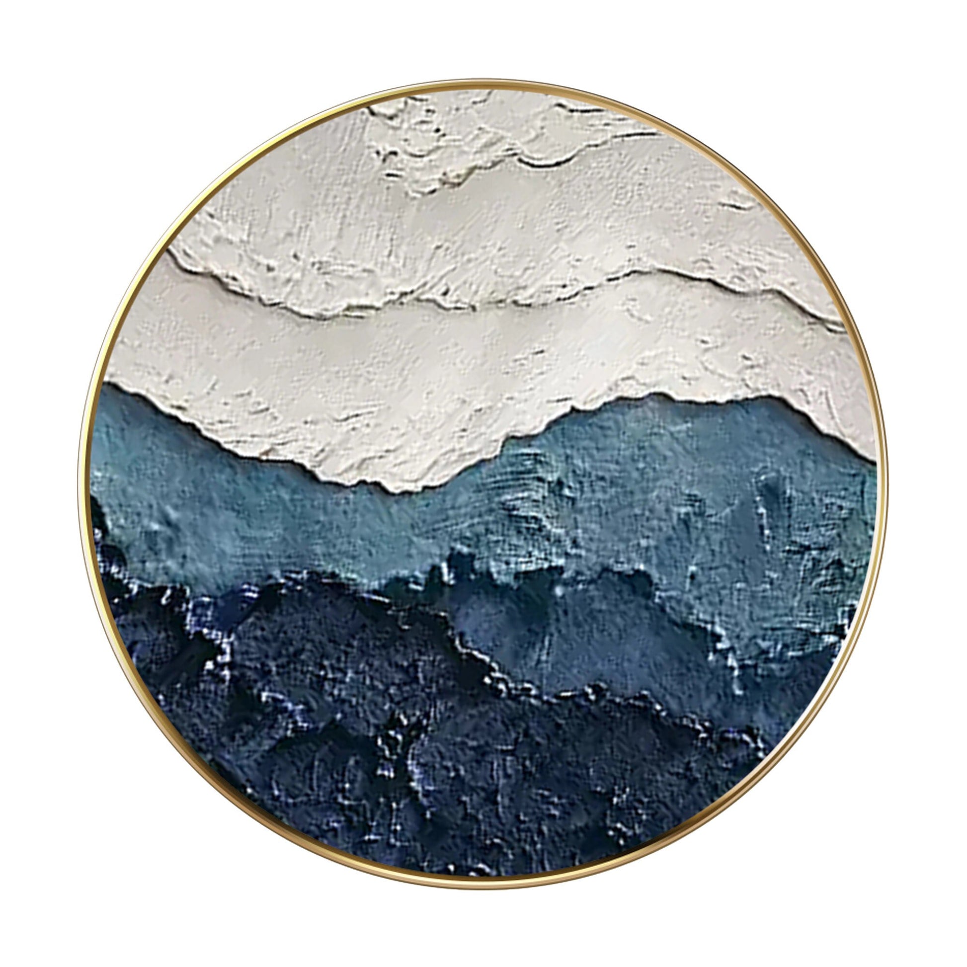 Framed 3D Texture Round Wall Art: White & Blue Minimalist Painting #7