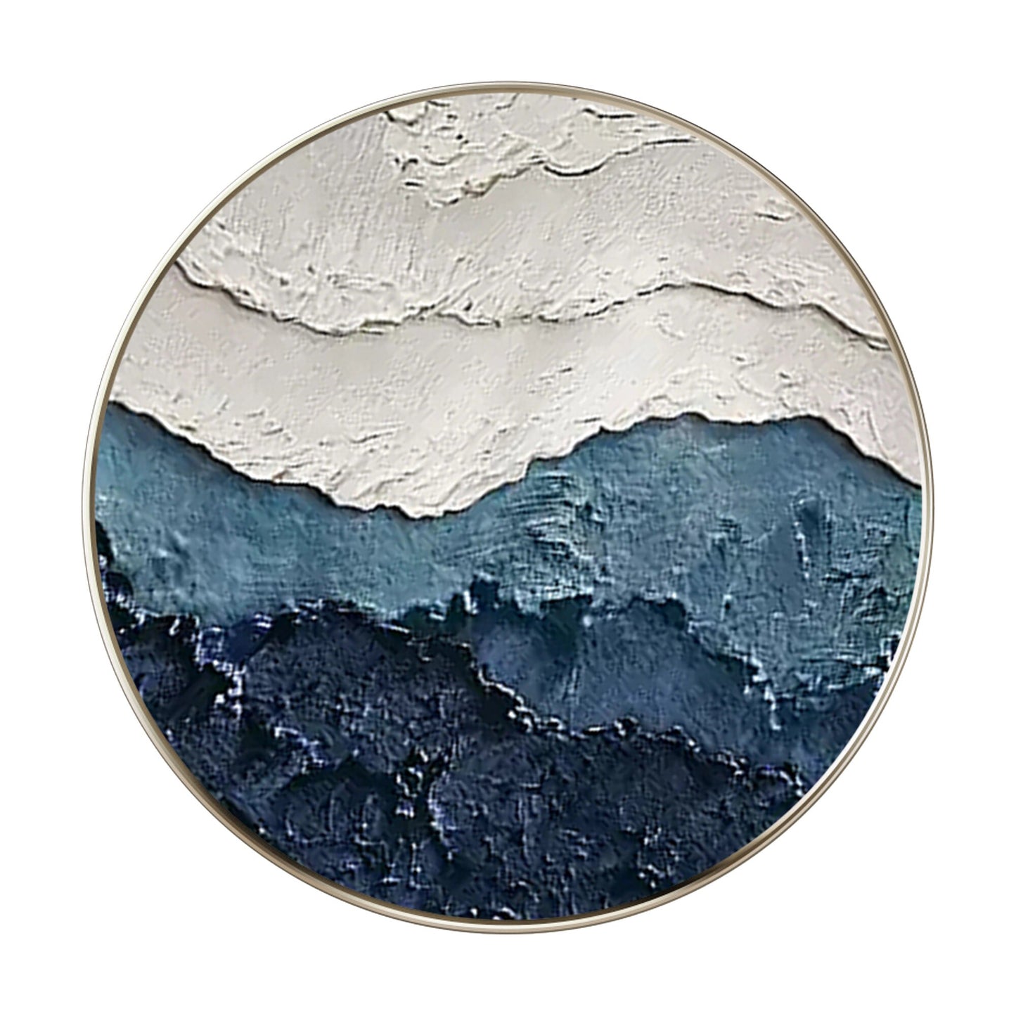 Framed 3D Texture Round Wall Art: White & Blue Minimalist Painting #8
