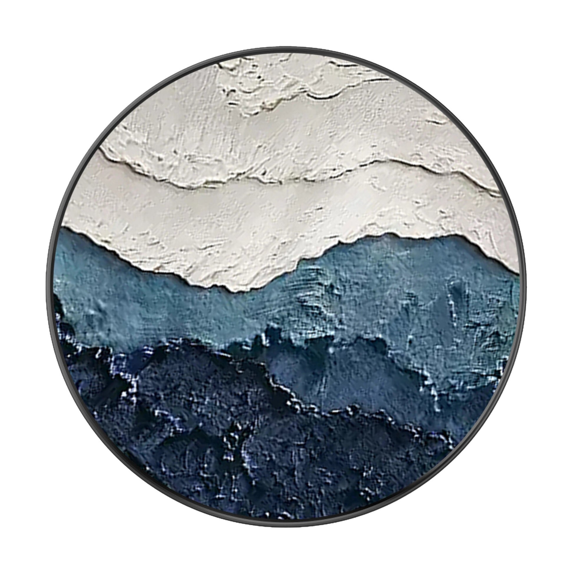 Framed 3D Texture Round Wall Art: White & Blue Minimalist Painting #9
