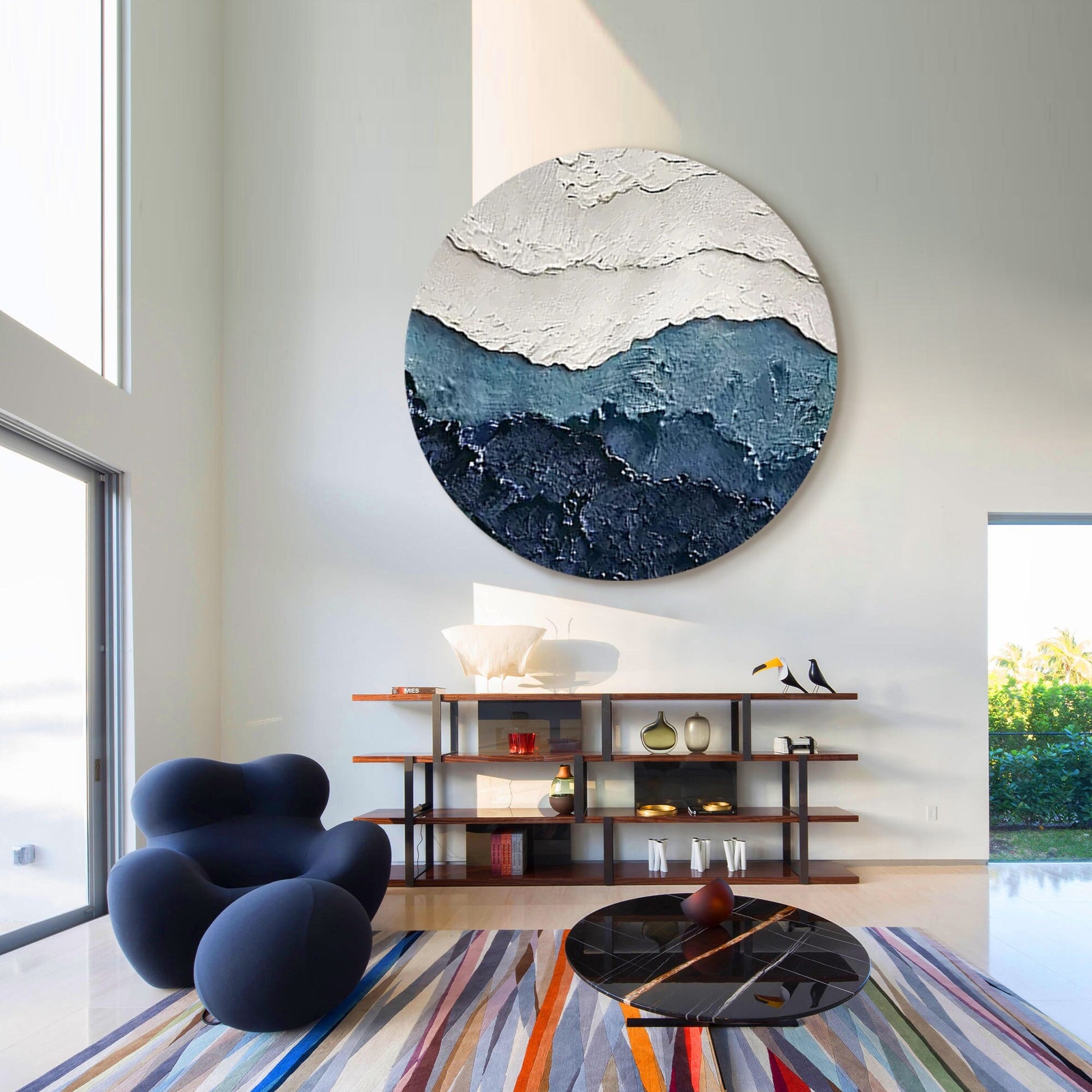 Framed 3D Texture Round Wall Art: White & Blue Minimalist Painting #1