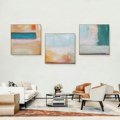 Framed Abstract Landscape Painting Set: Teal, Coral, Geometric Wall Art #2