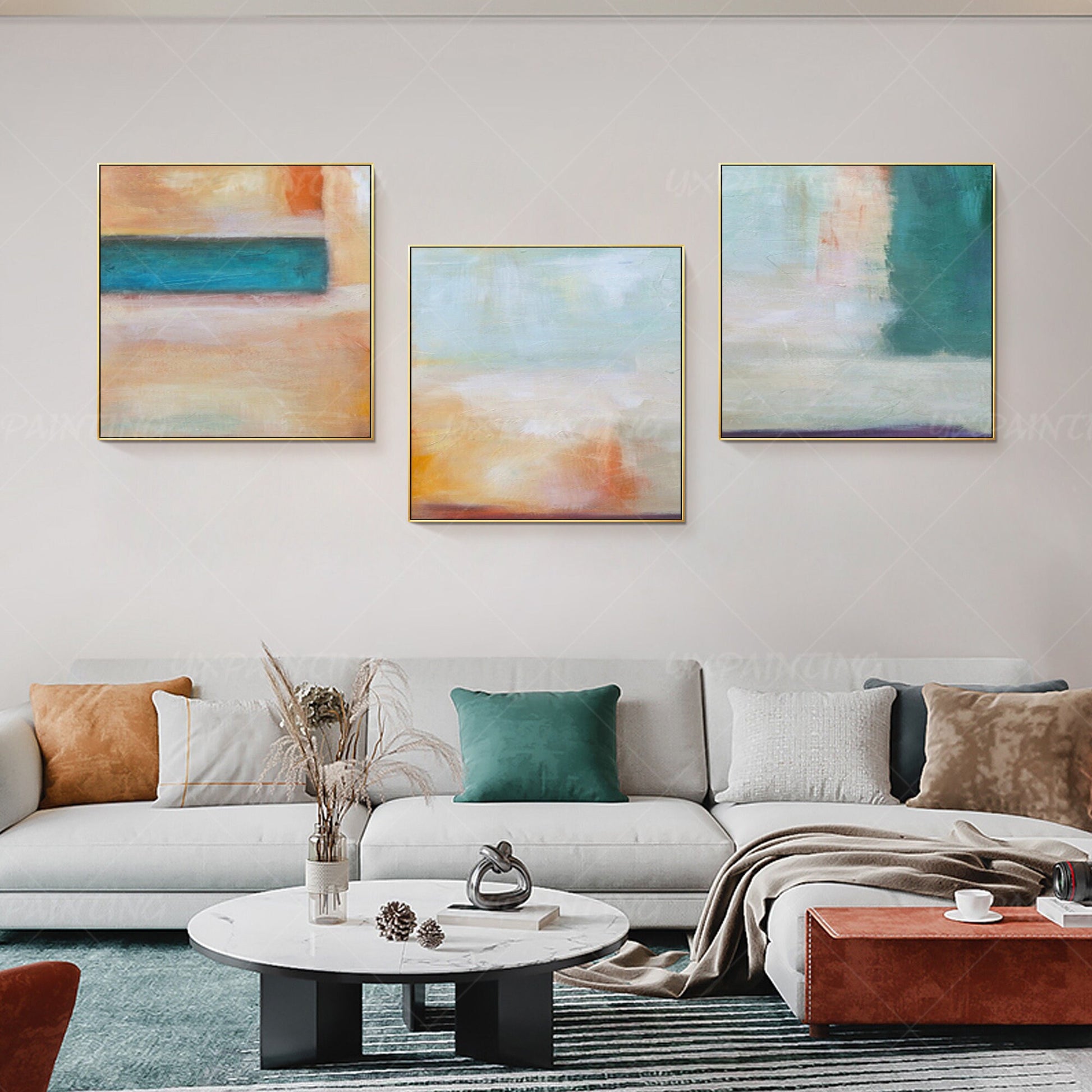 Framed Abstract Landscape Painting Set: Teal, Coral, Geometric Wall Art #3