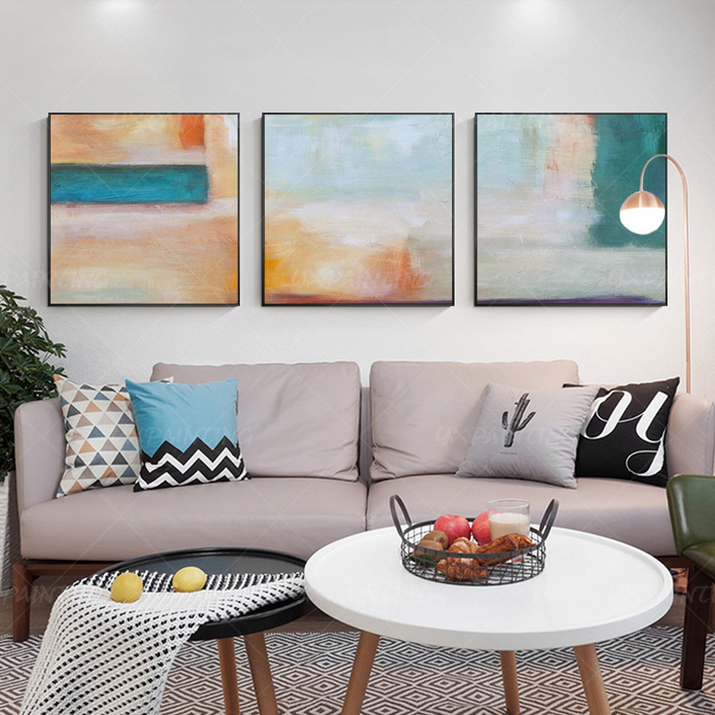 Framed Abstract Landscape Painting Set: Teal, Coral, Geometric Wall Art #4