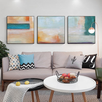 Framed Abstract Landscape Painting Set: Teal, Coral, Geometric Wall Art #4