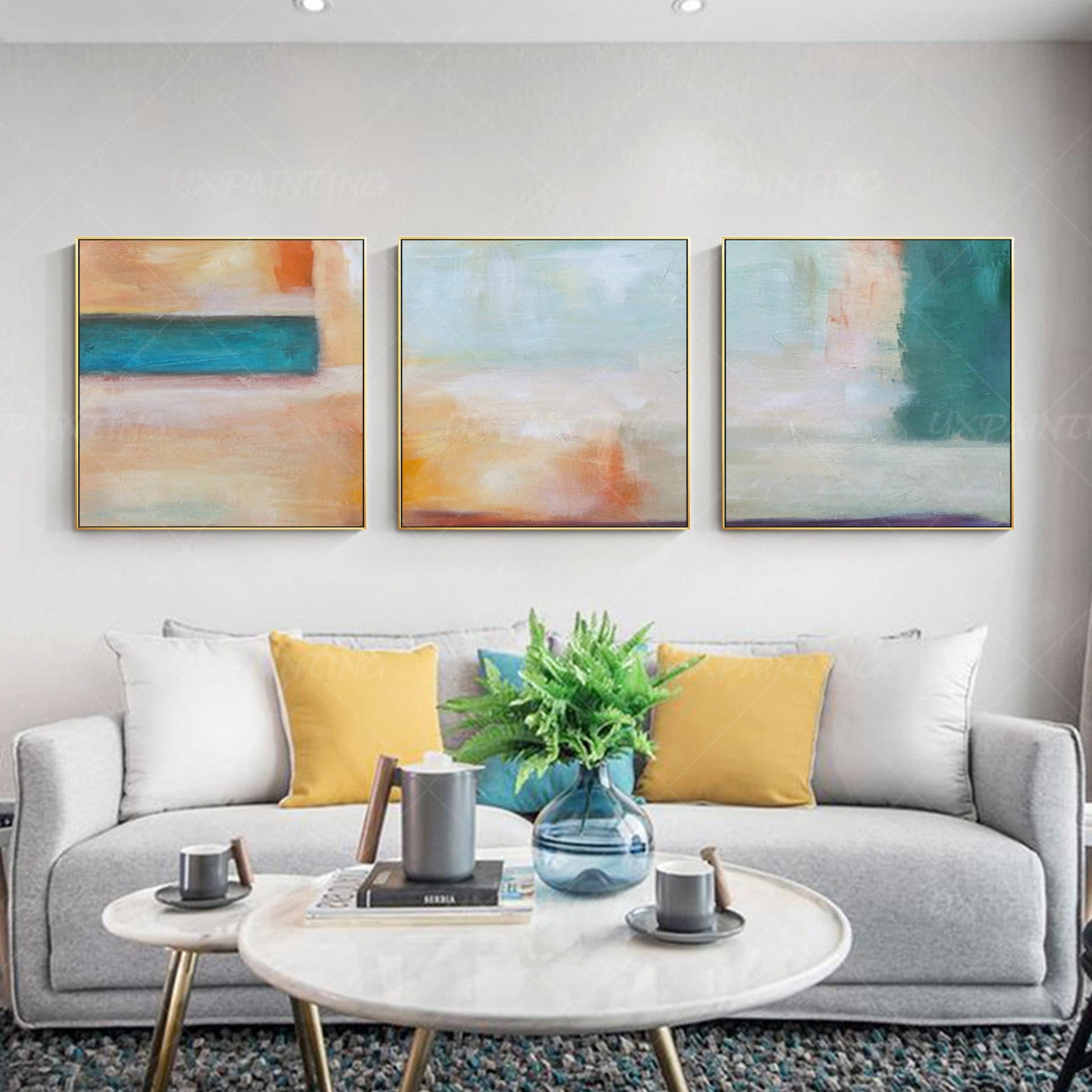 Framed Abstract Landscape Painting Set: Teal, Coral, Geometric Wall Art #5
