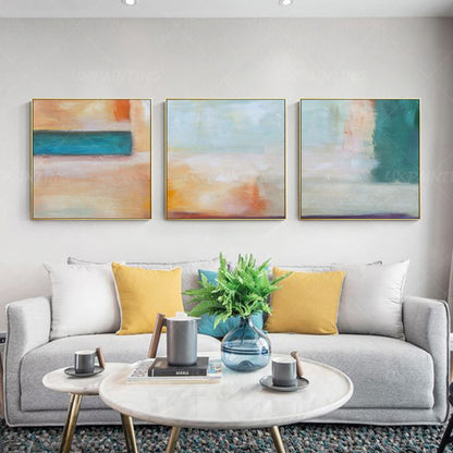 Framed Abstract Landscape Painting Set: Teal, Coral, Geometric Wall Art #5