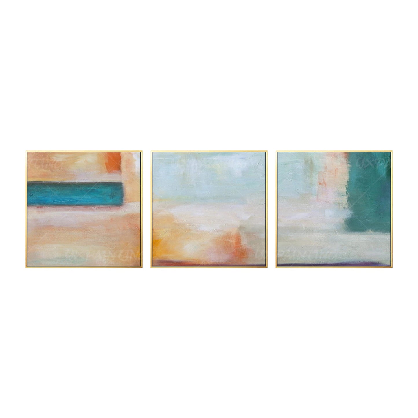 Framed Abstract Landscape Painting Set: Teal, Coral, Geometric Wall Art #6