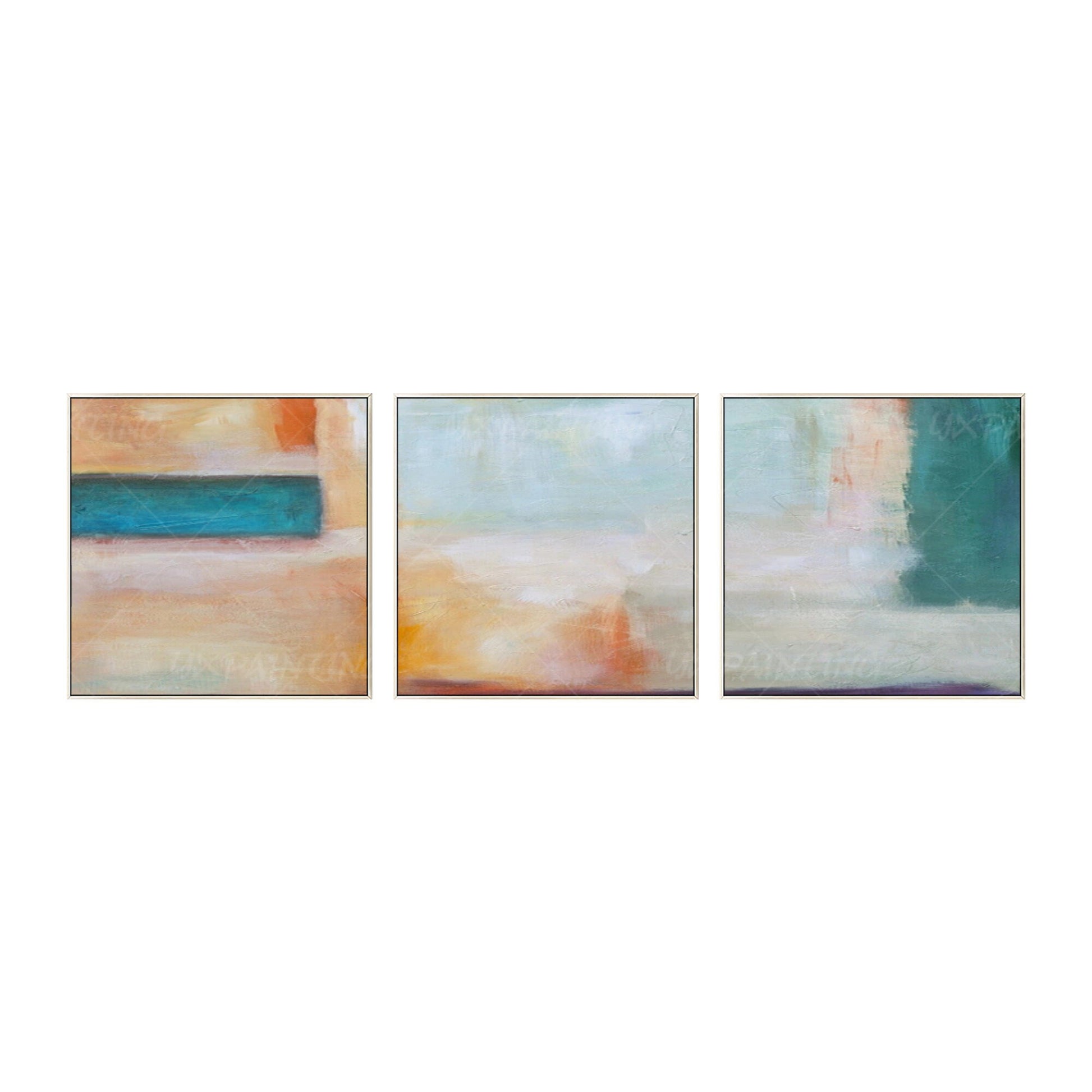 Framed Abstract Landscape Painting Set: Teal, Coral, Geometric Wall Art #7
