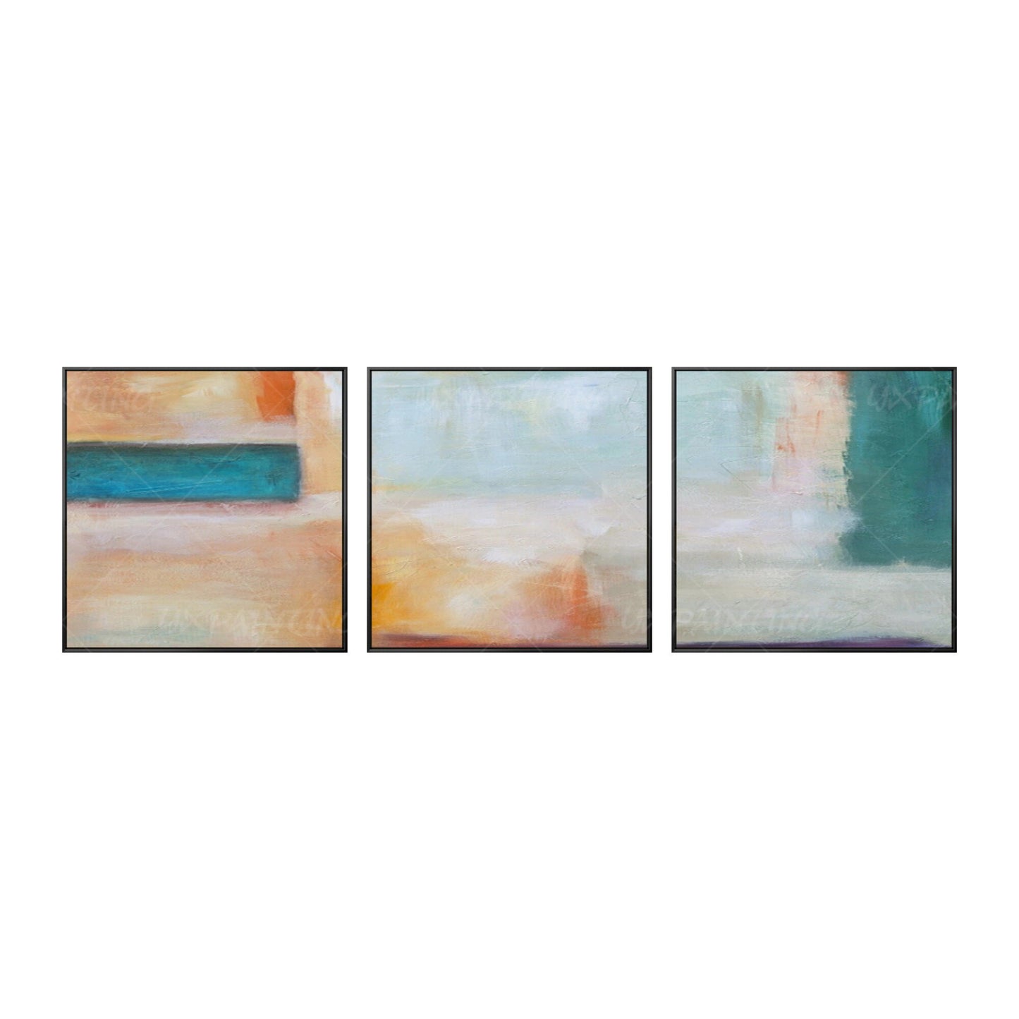 Framed Abstract Landscape Painting Set: Teal, Coral, Geometric Wall Art #8