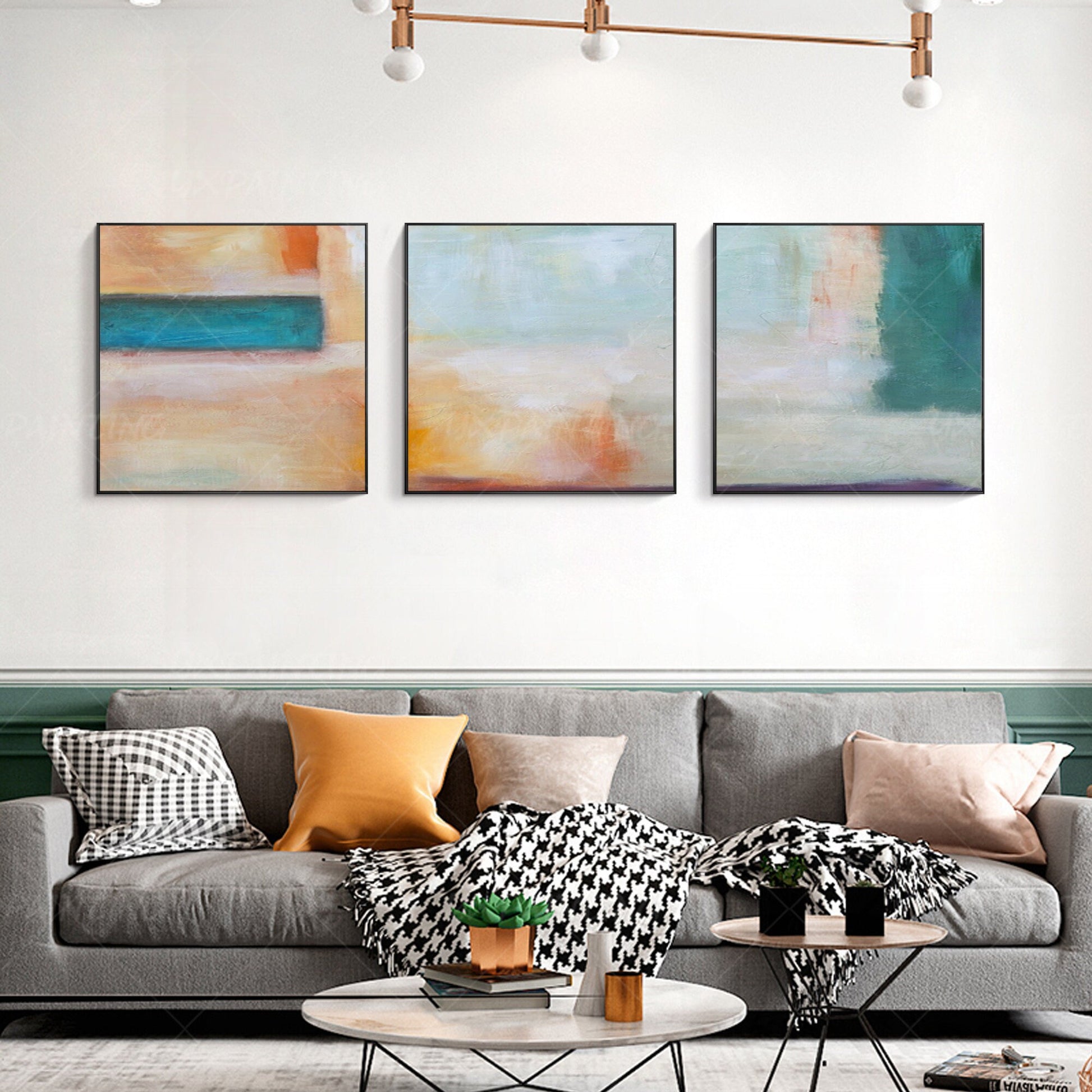 Framed Abstract Landscape Painting Set: Teal, Coral, Geometric Wall Art #1