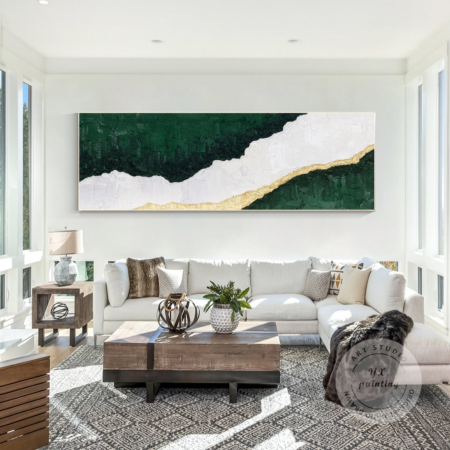 Framed Abstract Landscape Painting: White, Green & Gold Wall Art #2