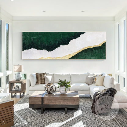 Framed Abstract Landscape Painting: White, Green & Gold Wall Art #2