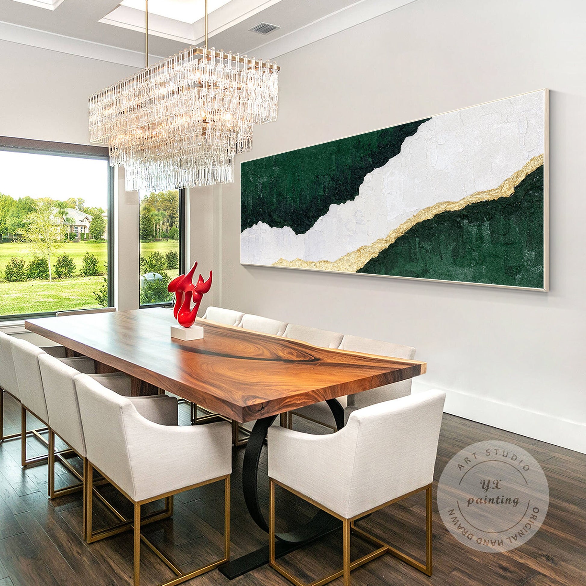 Framed Abstract Landscape Painting: White, Green & Gold Wall Art #3