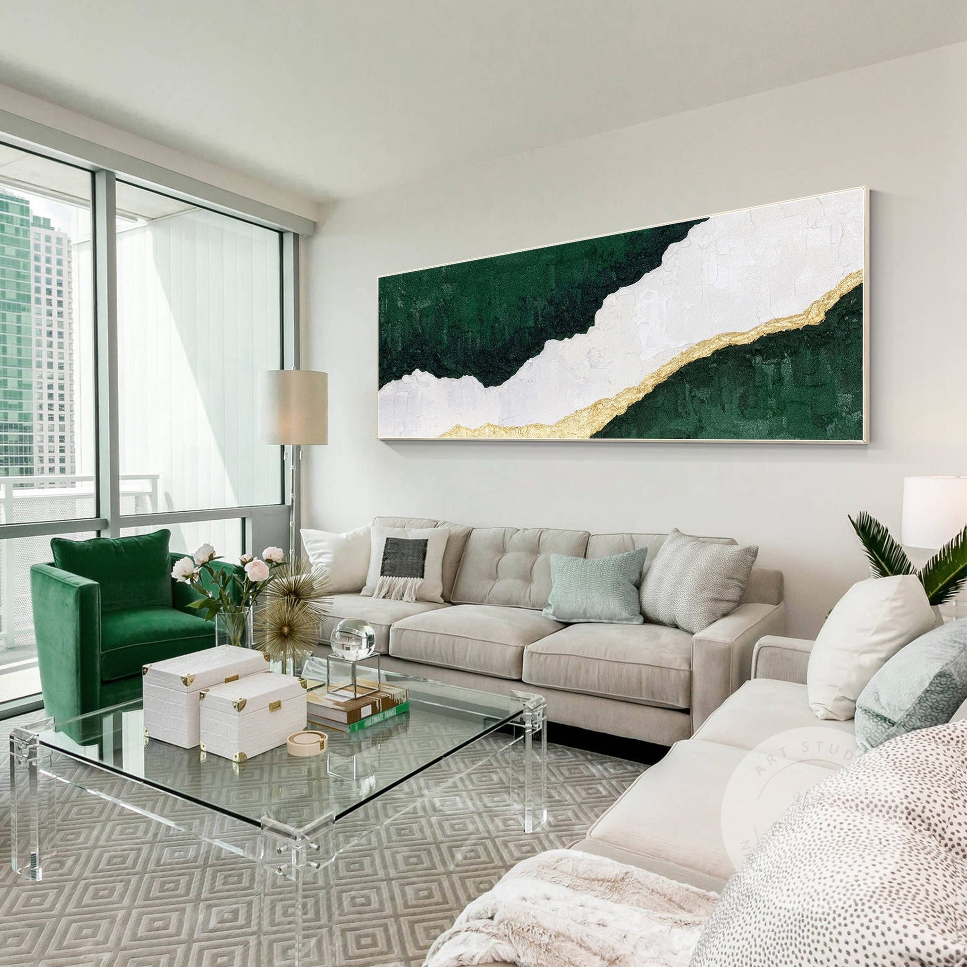 Framed Abstract Landscape Painting: White, Green & Gold Wall Art #1