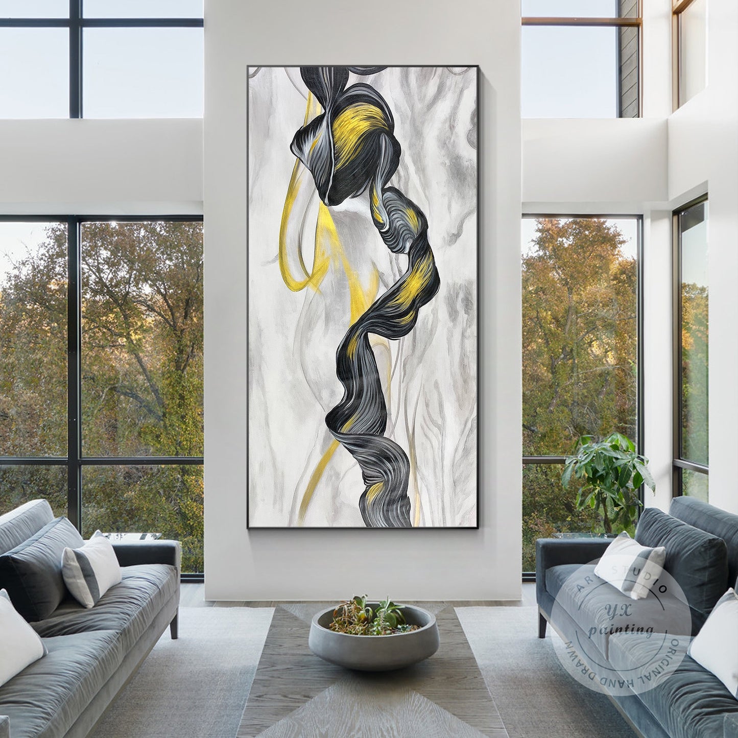 Framed Black, Gray, and Gold Marble Abstract Painting on Canvas #2