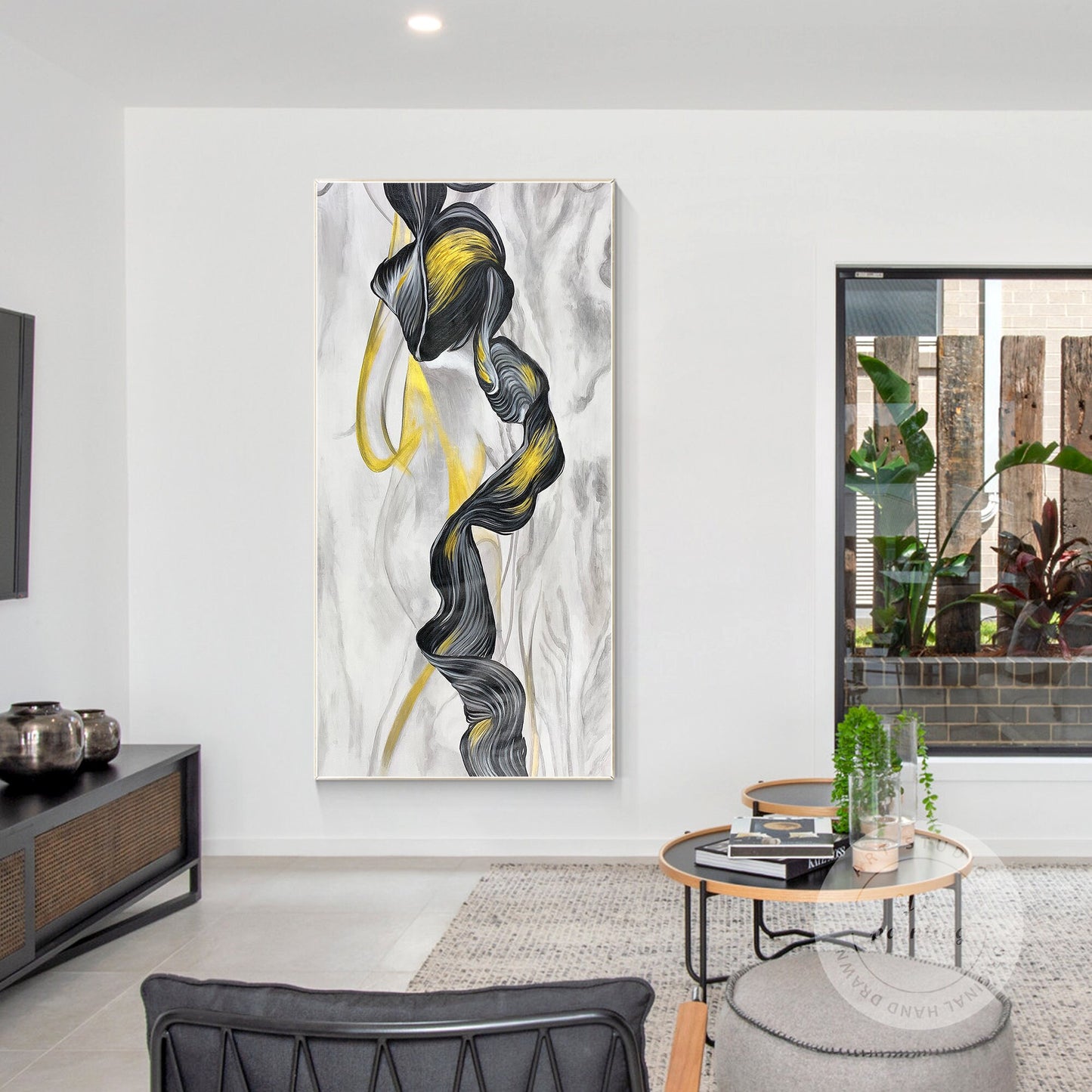 Framed Black, Gray, and Gold Marble Abstract Painting on Canvas #3