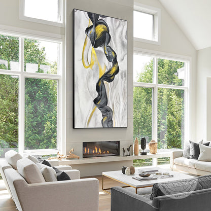 Framed Black, Gray, and Gold Marble Abstract Painting on Canvas #4