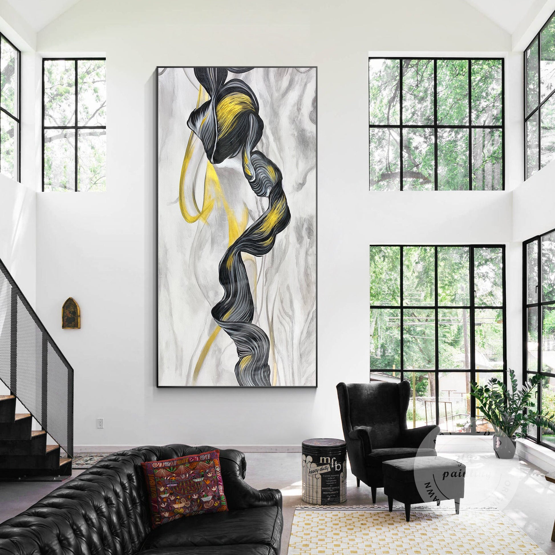 Framed Black, Gray, and Gold Marble Abstract Painting on Canvas #5