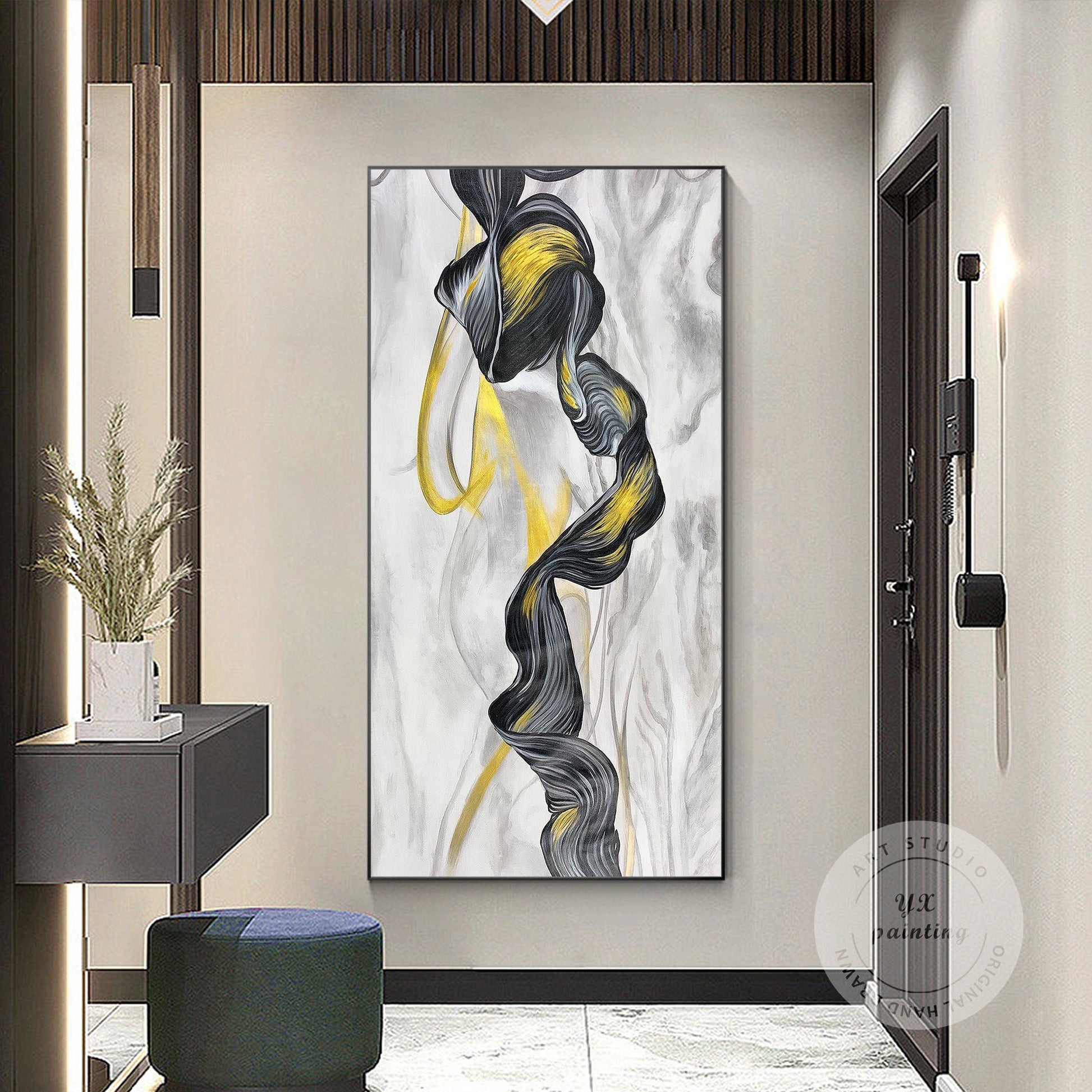Framed Black, Gray, and Gold Marble Abstract Painting on Canvas #1