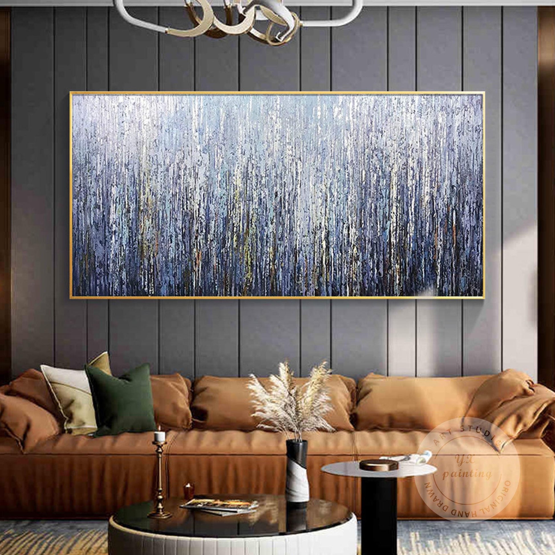 Framed Dark Blue Abstract Painting: Heavy Texture Plaster Wall Art #3