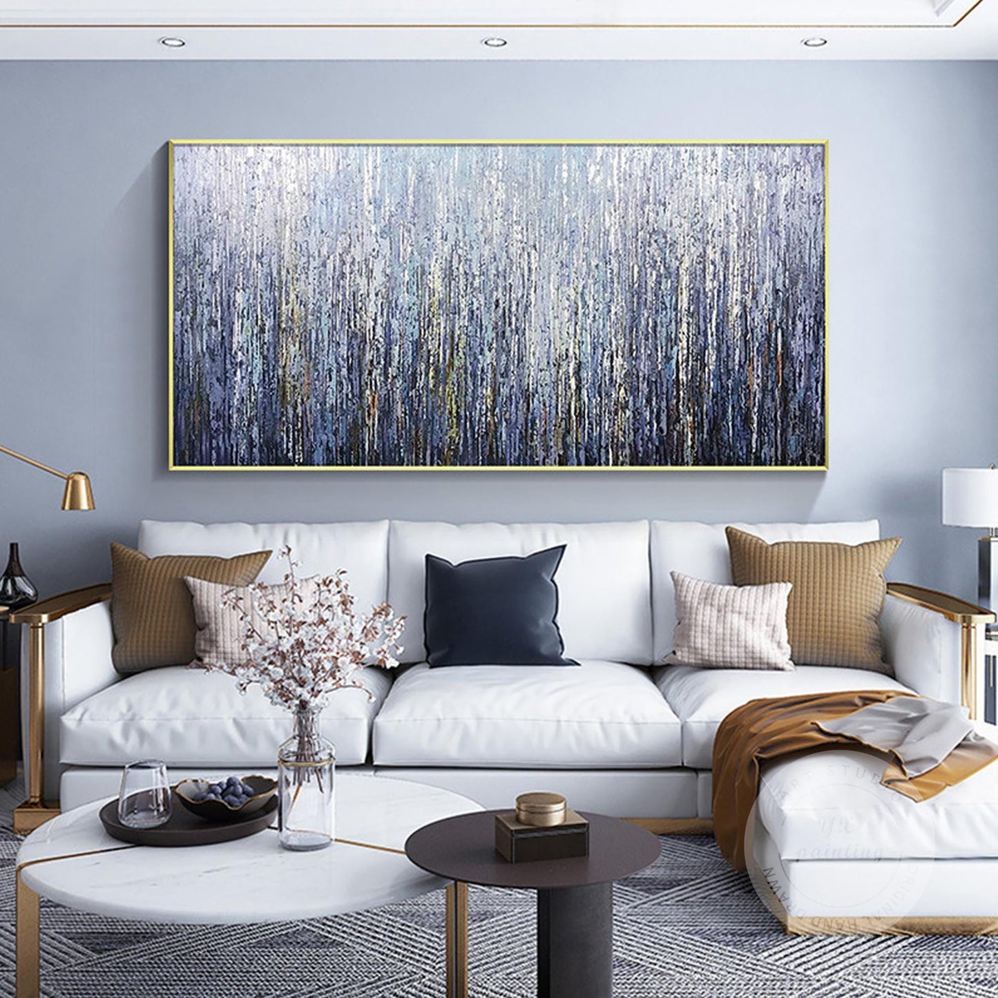 Framed Dark Blue Abstract Painting: Heavy Texture Plaster Wall Art #4