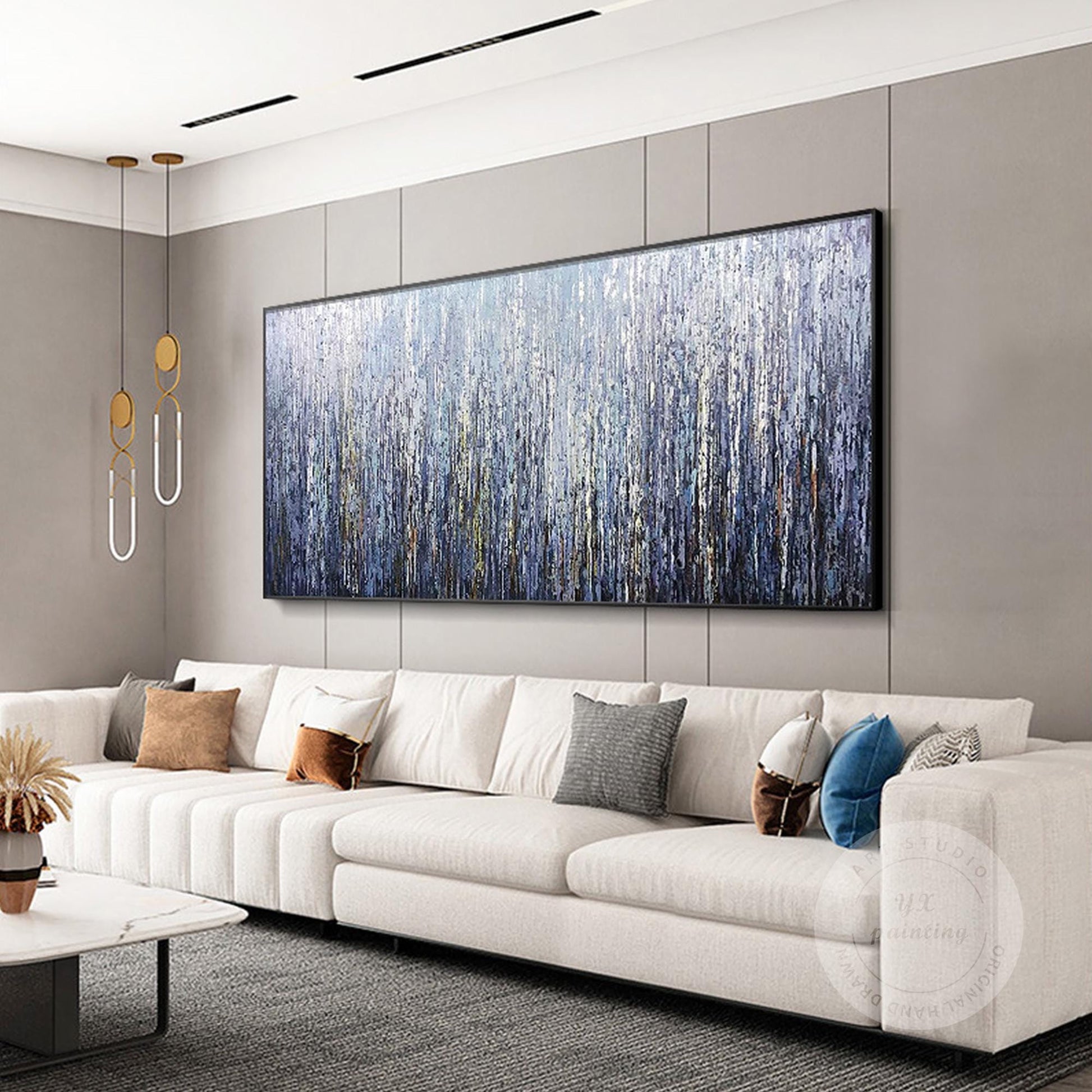 Framed Dark Blue Abstract Painting: Heavy Texture Plaster Wall Art #1