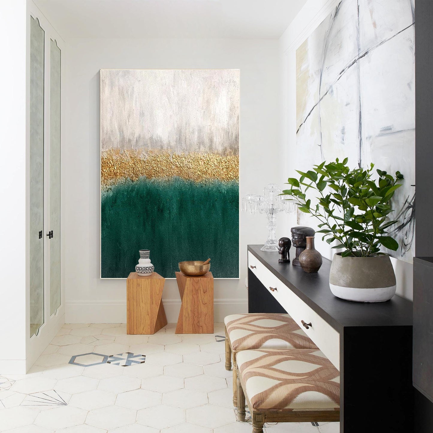 Framed Emerald Green and Gold Abstract Painting: Textured Modern Wall Art #2