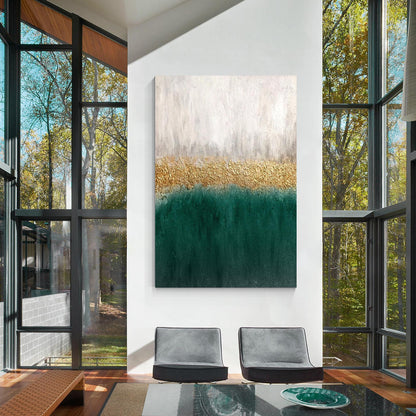 Framed Emerald Green and Gold Abstract Painting: Textured Modern Wall Art #3