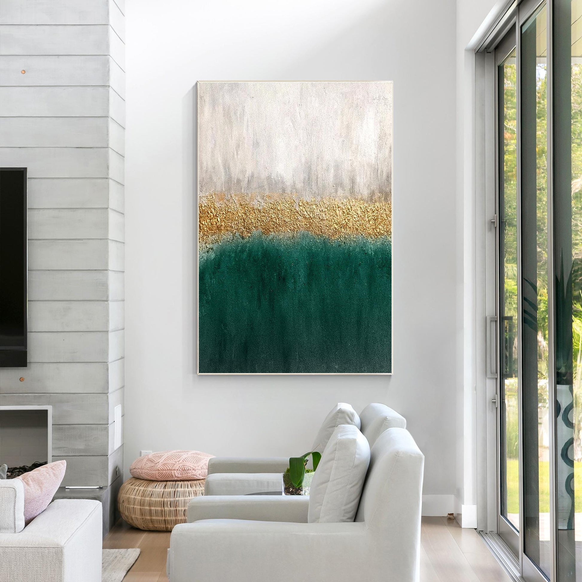 Framed Emerald Green and Gold Abstract Painting: Textured Modern Wall Art #4