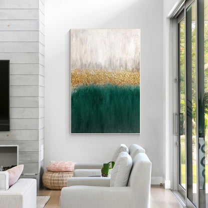 Framed Emerald Green and Gold Abstract Painting: Textured Modern Wall Art #4