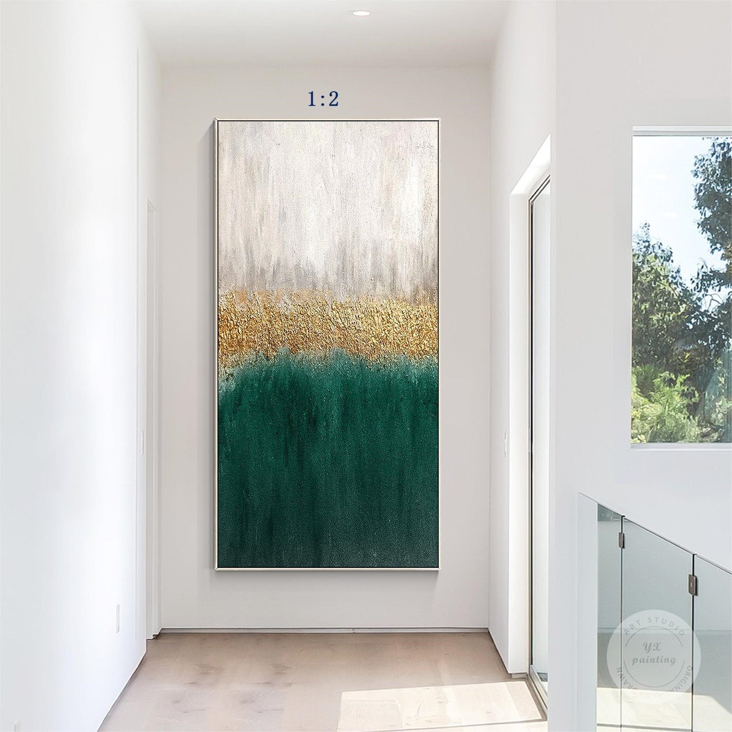 Framed Emerald Green and Gold Abstract Painting: Textured Modern Wall Art #5