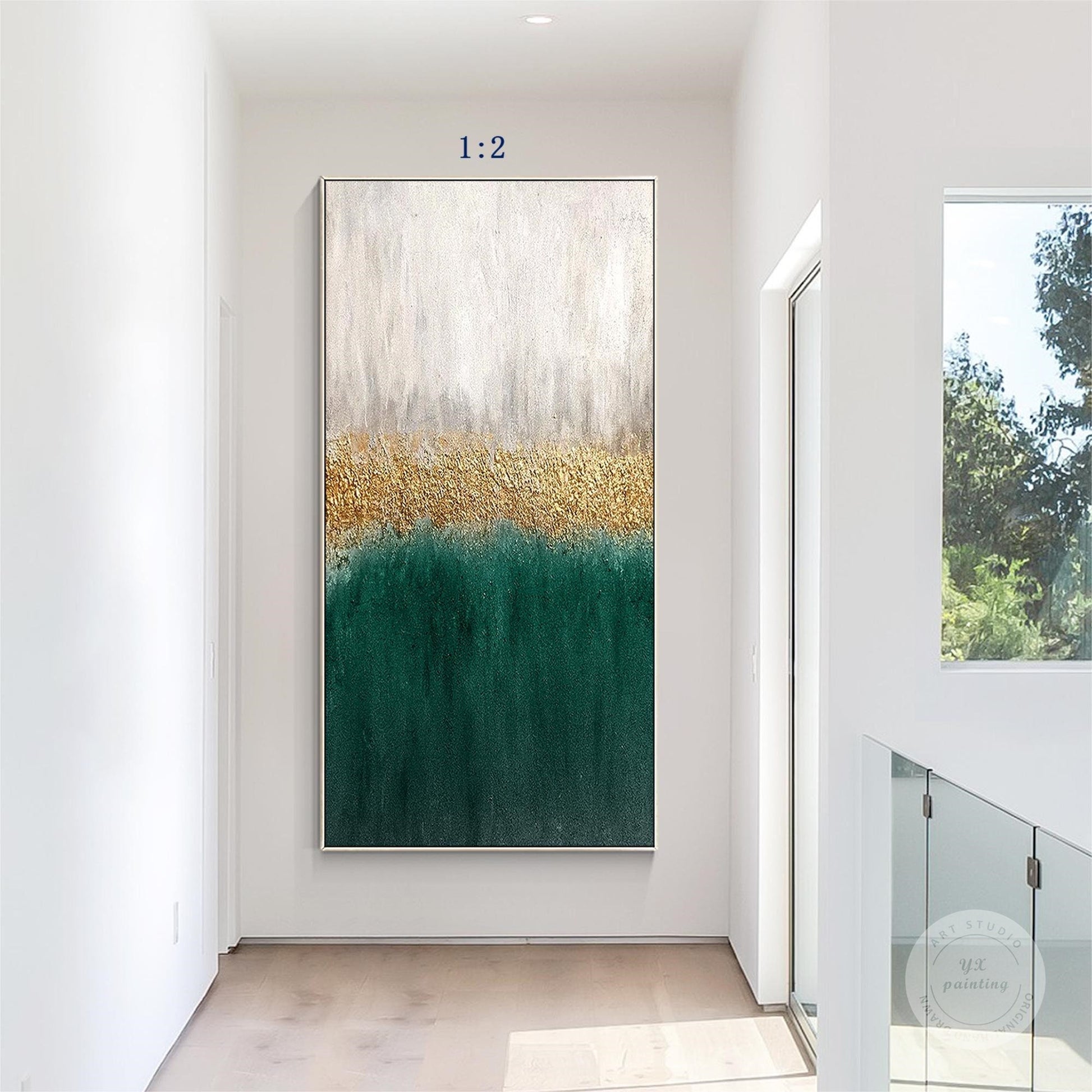 Framed Emerald Green and Gold Abstract Painting: Textured Modern Wall Art #5