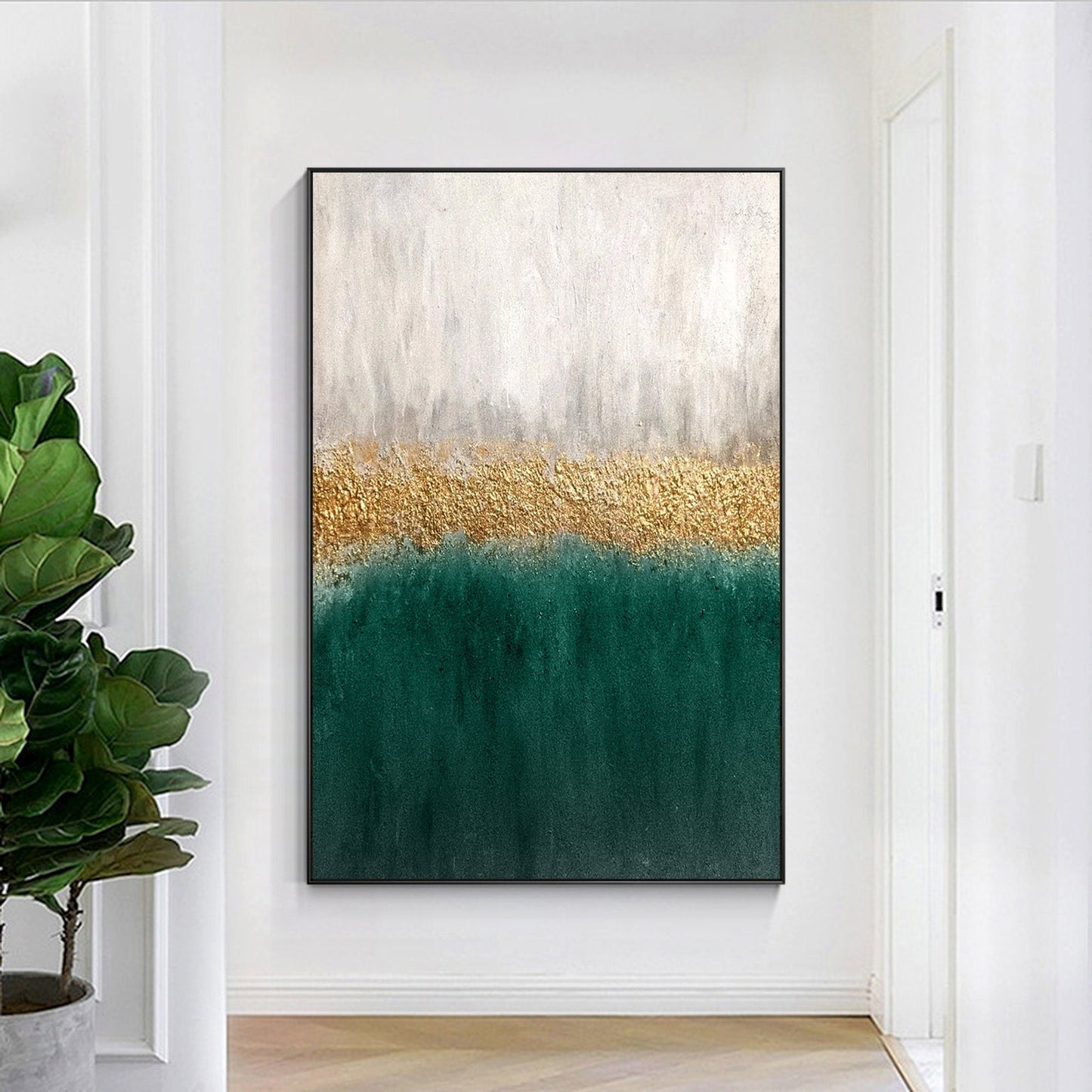 Framed Emerald Green and Gold Abstract Painting: Textured Modern Wall Art #1