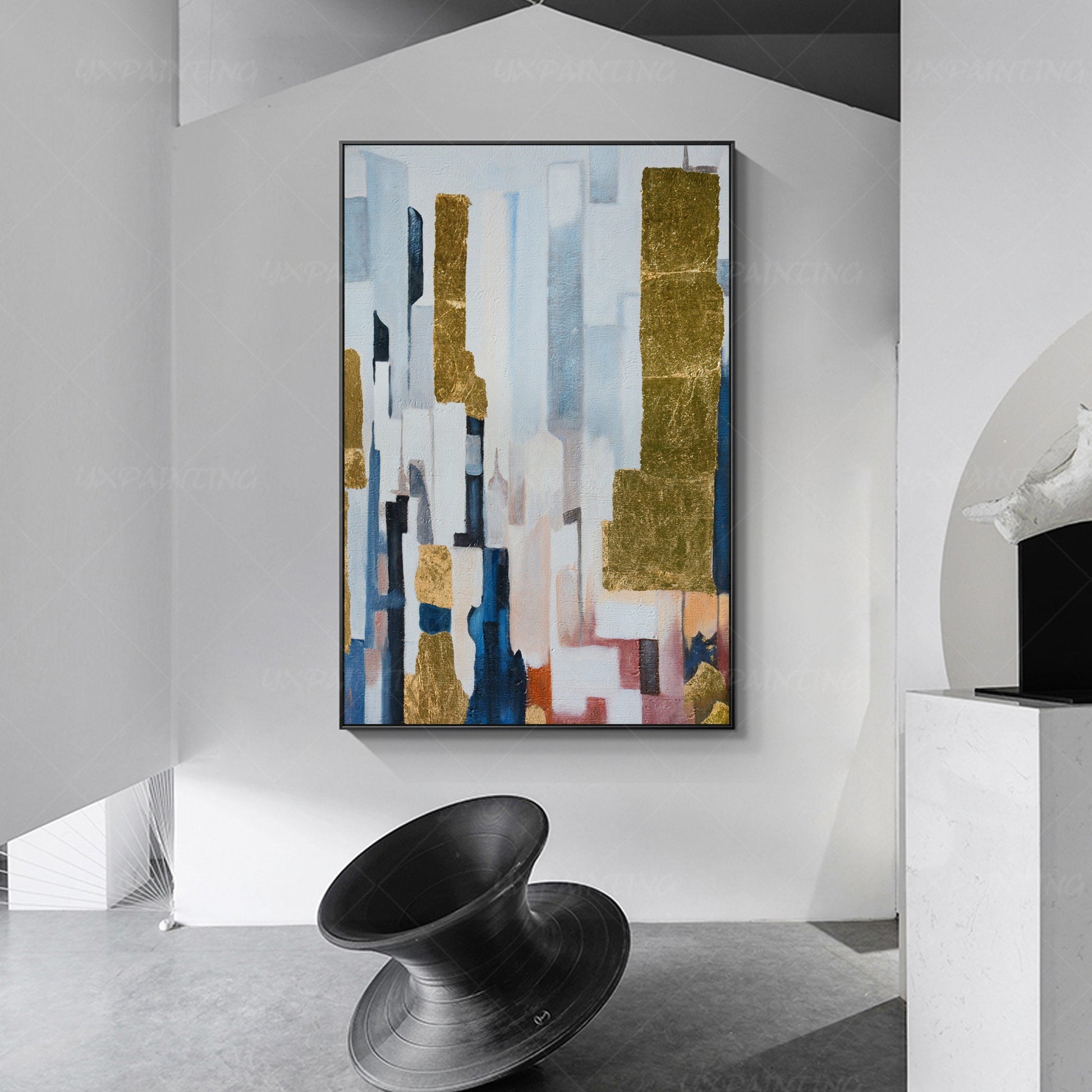 Framed Gold Leaf Acrylic Painting: Navy Blue Abstract Canvas Art #2