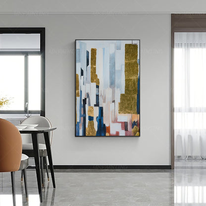 Framed Gold Leaf Acrylic Painting: Navy Blue Abstract Canvas Art #3