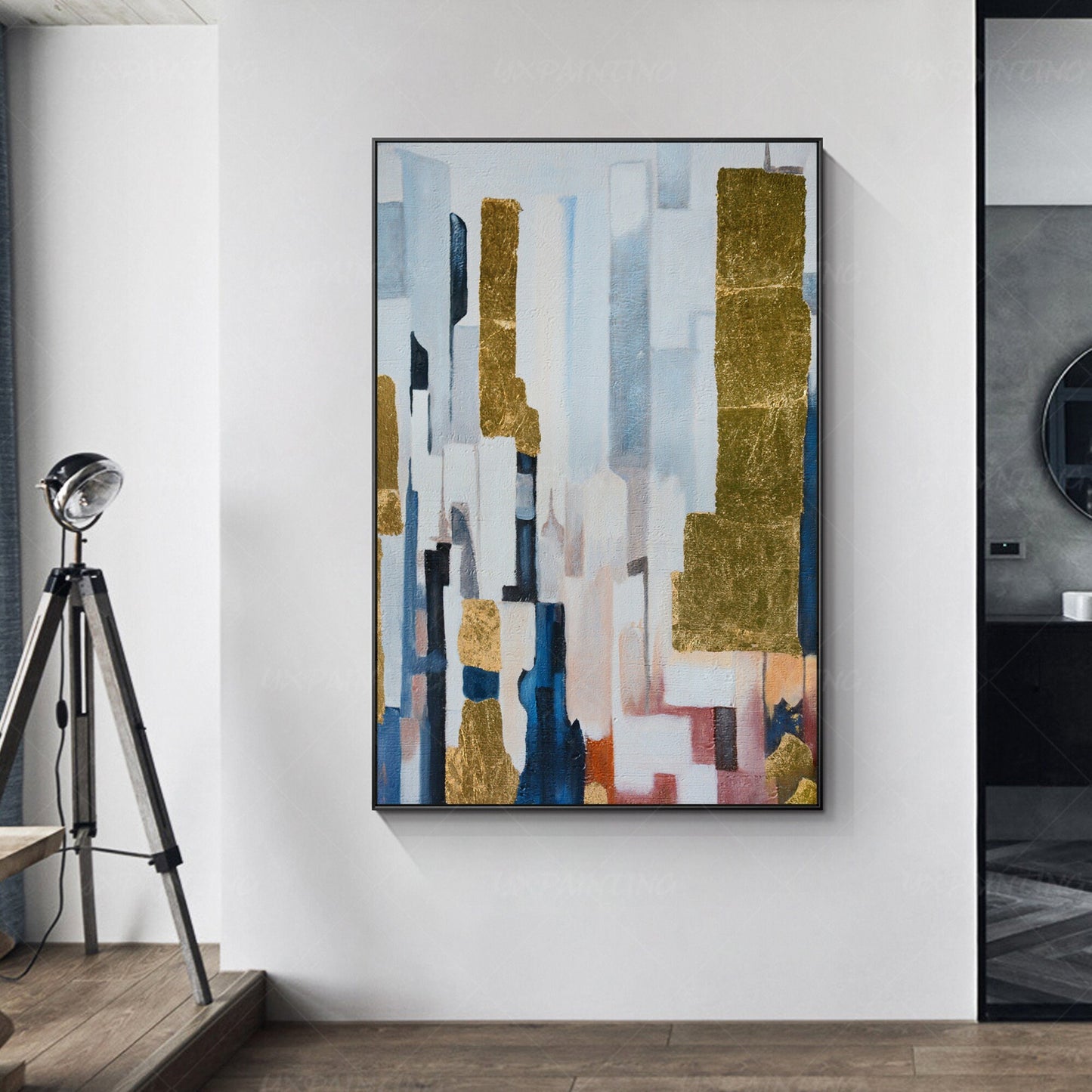 Framed Gold Leaf Acrylic Painting: Navy Blue Abstract Canvas Art #5