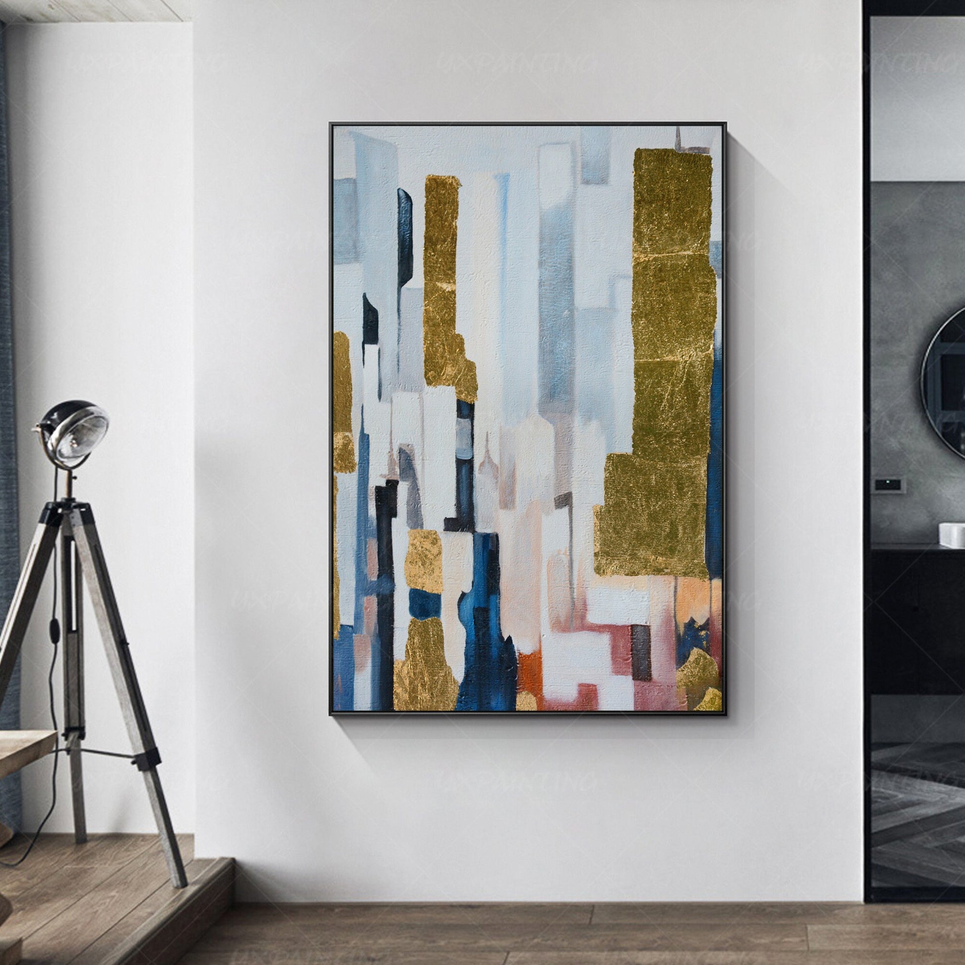 Framed Gold Leaf Acrylic Painting: Navy Blue Abstract Canvas Art #5
