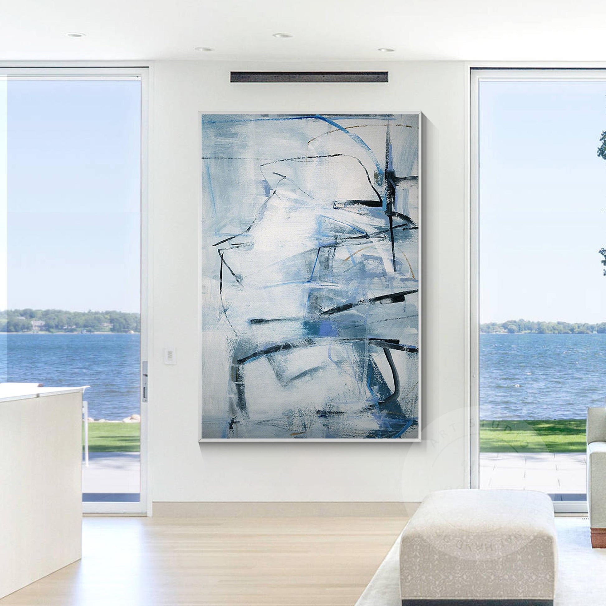 Framed Gray Blue Abstract Painting: Textured Modern Wall Art #2