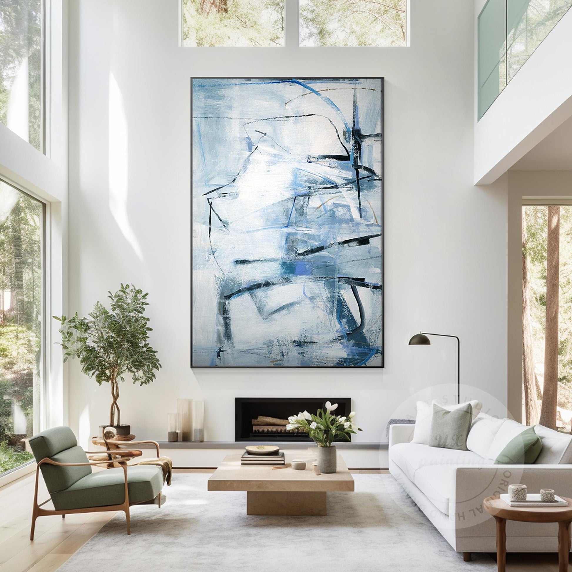 Framed Gray Blue Abstract Painting: Textured Modern Wall Art #3