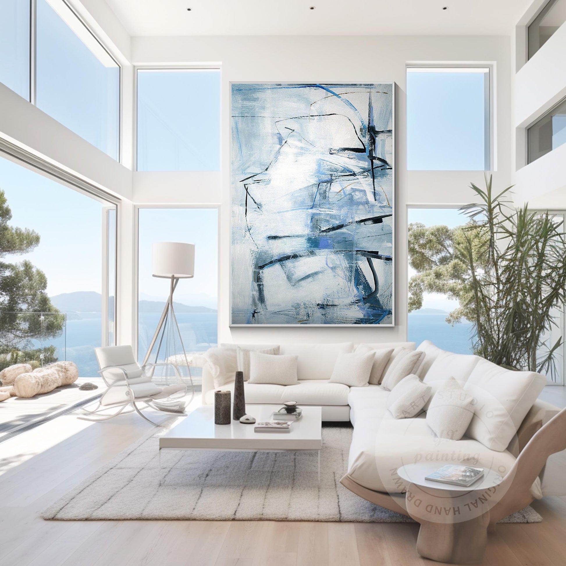 Framed Gray Blue Abstract Painting: Textured Modern Wall Art #4