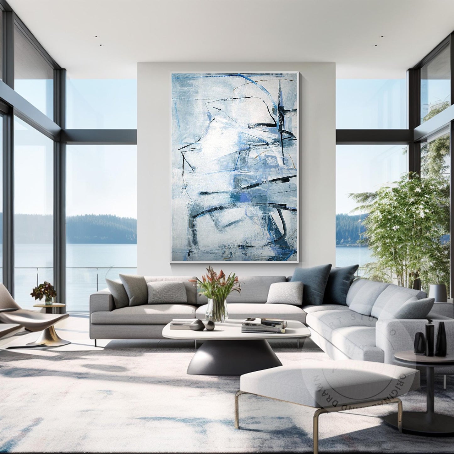 Framed Gray Blue Abstract Painting: Textured Modern Wall Art #5